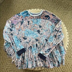 Free People Making Circles Paisley Long Sleeve Blue & Orange Top (Size L)